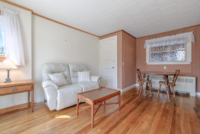 6 Sea St, Northeast Harbor, Mount Desert, ME 04662 - living room with crown molding, radiator heating unit, light wood-style flooring, and baseboards