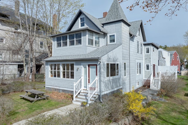 6 Sea St, Northeast Harbor, Mount Desert, ME 04662 - view of front of house featuring roof with shingles, entry steps, fence, and a chimney