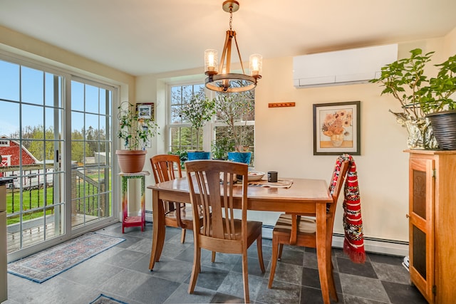 dining area with a wall mounted AC, a chandelier, and a baseboard radiator