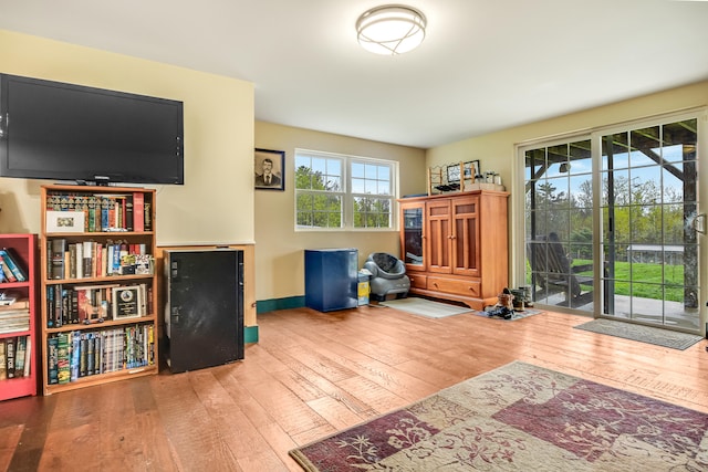 exercise room with wood-type flooring and baseboards