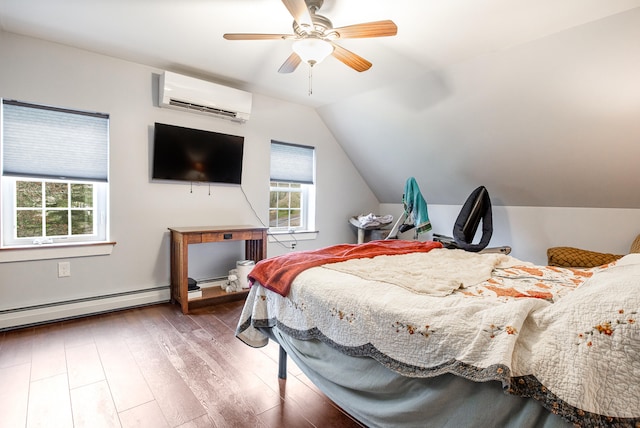 bedroom with a wall mounted air conditioner, baseboard heating, wood finished floors, lofted ceiling, and ceiling fan
