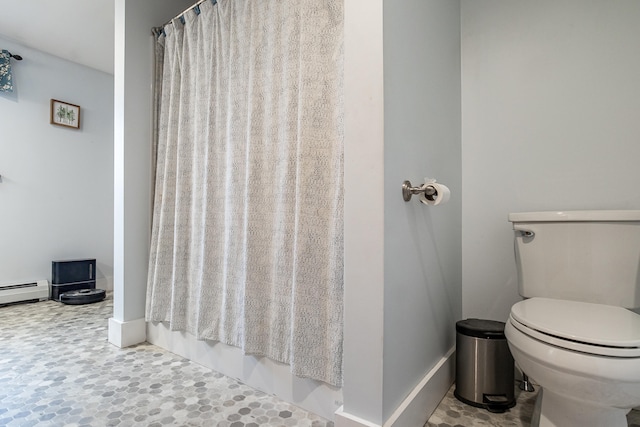 bathroom with toilet, baseboards, a baseboard heating unit, and curtained shower