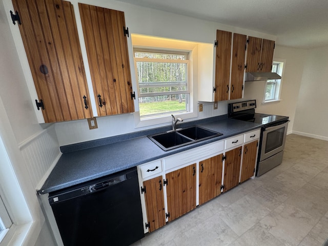 29 Faith St, Lisbon, ME 04252 - kitchen featuring stainless steel electric stove, black dishwasher, a sink, under cabinet range hood, and dark countertops