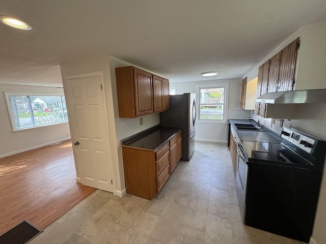 29 Faith St, Lisbon, ME 04252 - kitchen featuring appliances with stainless steel finishes, under cabinet range hood, baseboards, a sink, and brown cabinets
