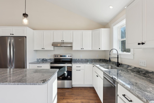 1540 Foxes Ridge Rd, Acton, ME 04001 - kitchen featuring stainless steel appliances, under cabinet range hood, a sink, lofted ceiling, and light stone counters