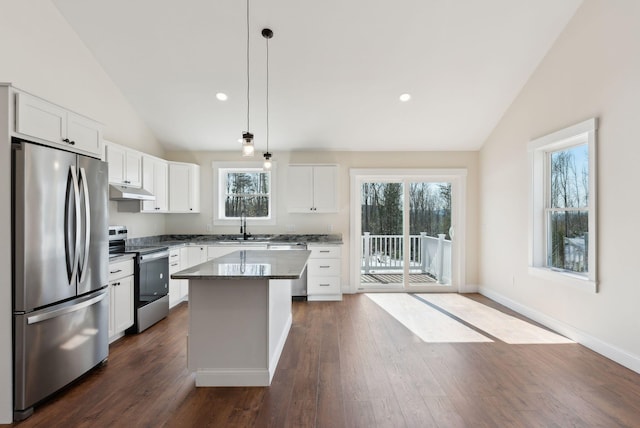 1540 Foxes Ridge Rd, Acton, ME 04001 - kitchen featuring appliances with stainless steel finishes, vaulted ceiling, a sink, under cabinet range hood, and white cabinetry
