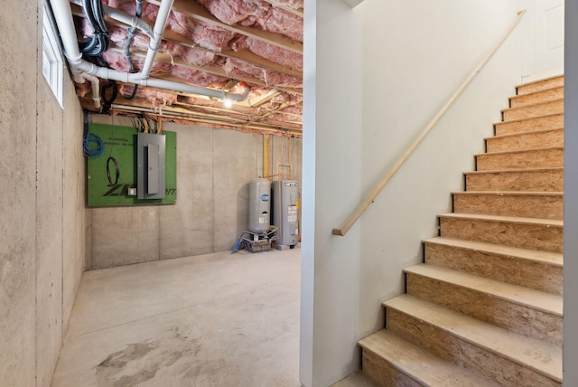 1540 Foxes Ridge Rd, Acton, ME 04001 - unfinished basement featuring stairs, electric panel, gas water heater, and water heater
