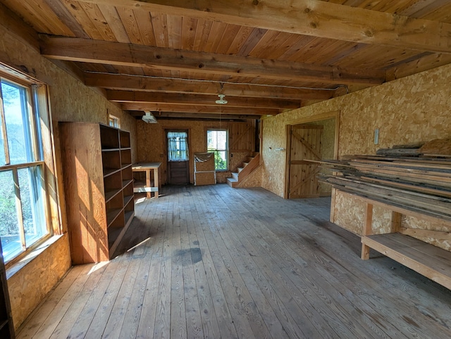 99 W Hamlet Rd, Newcastle, ME 04553 - unfurnished living room with hardwood / wood-style flooring, plenty of natural light, wooden ceiling, beam ceiling, and stairs