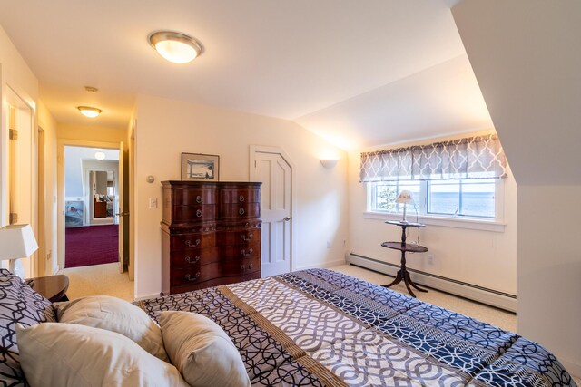 372 Pettegrow Point Rd, Machiasport, ME 04655 - bedroom with light colored carpet, lofted ceiling, a baseboard radiator, and baseboards