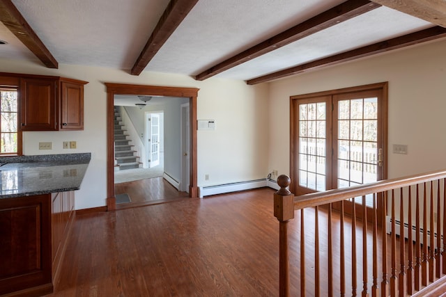 9 Ocean View Cir, Saco, ME 04072 - kitchen with a baseboard radiator, dark wood-style floors, beam ceiling, and baseboards