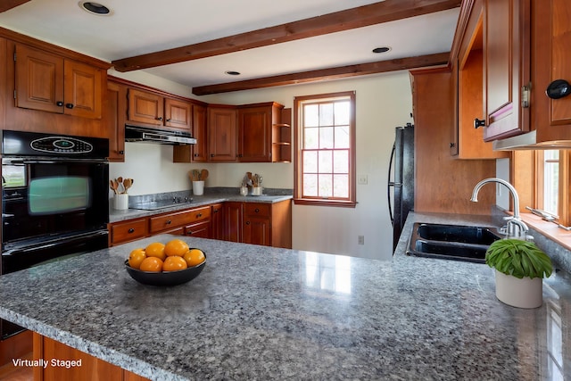 9 Ocean View Cir, Saco, ME 04072 - kitchen with black appliances, under cabinet range hood, a sink, beam ceiling, and a peninsula
