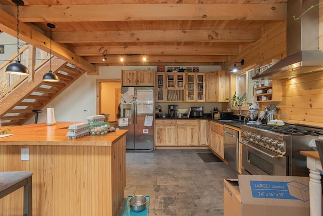 26 Christen Rd, Kingfield, ME 04947 - kitchen with appliances with stainless steel finishes, wooden counters, wood ceiling, island exhaust hood, and beamed ceiling