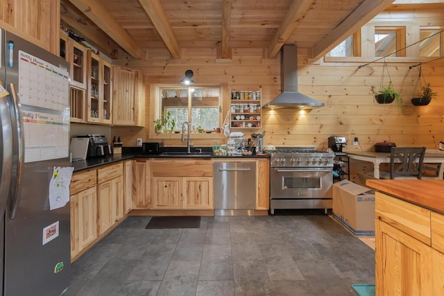 26 Christen Rd, Kingfield, ME 04947 - kitchen with stainless steel appliances, island exhaust hood, wood ceiling, beamed ceiling, and a sink