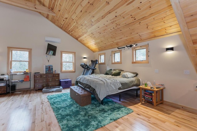 26 Christen Rd, Kingfield, ME 04947 - bedroom featuring hardwood / wood-style floors, wooden ceiling, beam ceiling, high vaulted ceiling, and baseboards