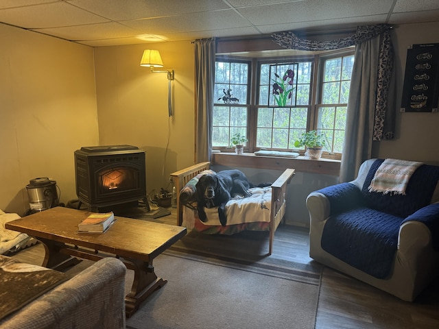7 Howard Siding Ln, Abbot, ME 04406 - living area with a wood stove and a drop ceiling