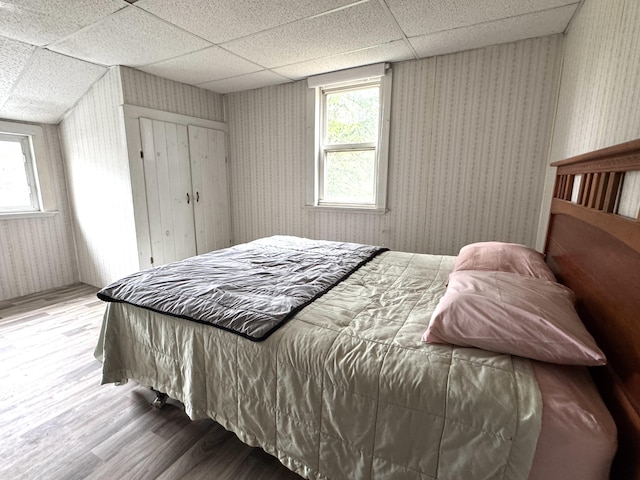 7 Howard Siding Ln, Abbot, ME 04406 - bedroom with wood finished floors, wallpapered walls, and a paneled ceiling