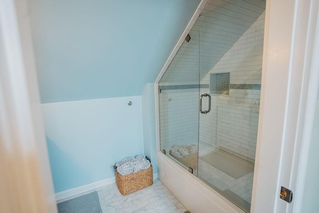 107 Maple St, Bangor, ME 04401 - full bath with tile patterned flooring and lofted ceiling