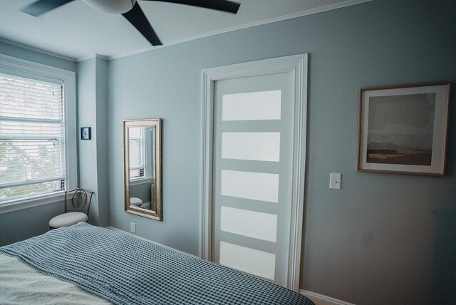 107 Maple St, Bangor, ME 04401 - bedroom featuring crown molding, baseboards, and ceiling fan