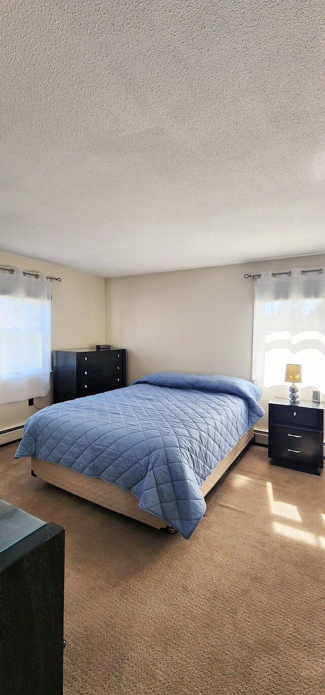 carpeted bedroom featuring multiple windows and a textured ceiling