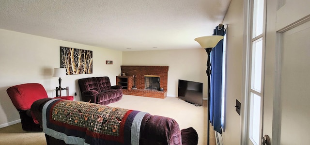 400 Birch St, Bangor, ME 04401 - carpeted living room with a fireplace, baseboards, and a textured ceiling