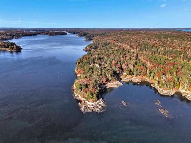 aerial overview of property's location featuring a heavily wooded area and a nearby body of water