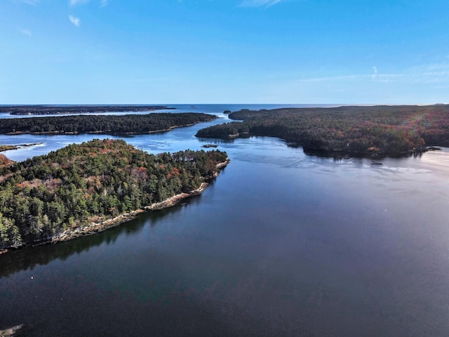 bird's eye view of a nearby body of water and a heavily wooded area
