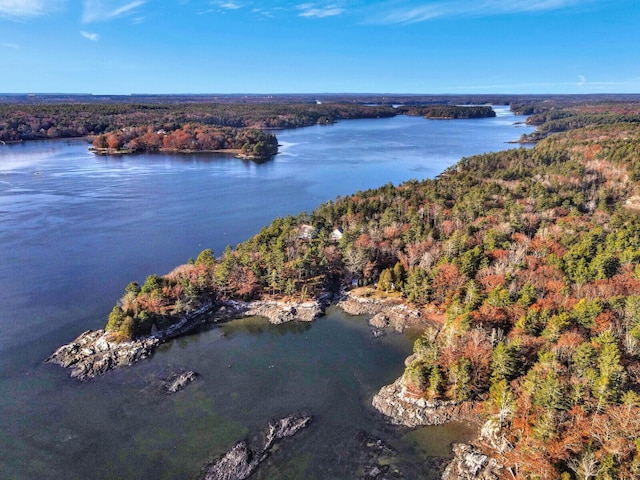 aerial view of property and surrounding area with a heavily wooded area and a nearby body of water