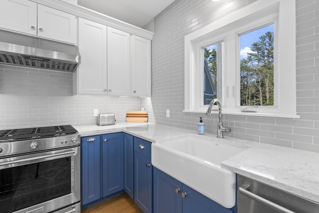 92 Brooks Cove Rd, Westport Island, ME 04578 - kitchen featuring stainless steel appliances, under cabinet range hood, blue cabinets, tasteful backsplash, and white cabinetry