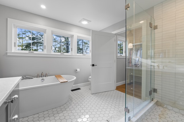 92 Brooks Cove Rd, Westport Island, ME 04578 - full bath featuring a shower stall, a freestanding tub, vanity, and recessed lighting
