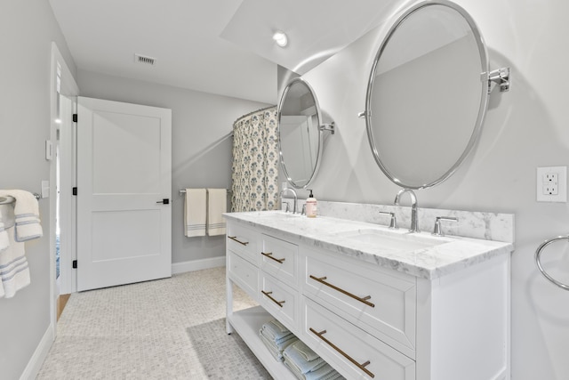 92 Brooks Cove Rd, Westport Island, ME 04578 - full bathroom featuring double vanity and a shower with curtain