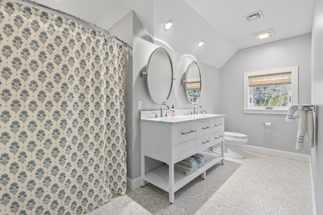 92 Brooks Cove Rd, Westport Island, ME 04578 - full bath with double vanity, vaulted ceiling, a shower with shower curtain, and recessed lighting