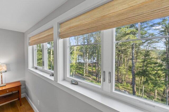 92 Brooks Cove Rd, Westport Island, ME 04578 - unfurnished sunroom featuring baseboards and wood finished floors