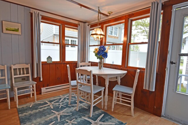 586 Kings Hwy Unit 2, Kennebunkport, ME 04046 - dining space featuring plenty of natural light, a chandelier, wood finished floors, a baseboard radiator, and wooden walls