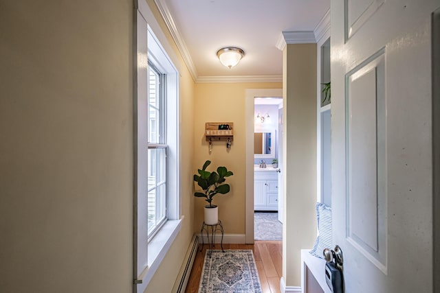 55 Evergreen Ln, Windham, ME 04062 - corridor featuring healthy amount of natural light, ornamental molding, light wood-type flooring, a baseboard radiator, and baseboards