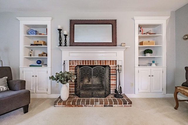 55 Evergreen Ln, Windham, ME 04062 - carpeted living room featuring built in shelves and a fireplace