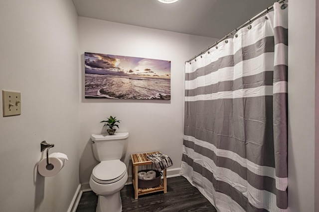 55 Evergreen Ln, Windham, ME 04062 - bathroom with wood finished floors, toilet, baseboards, and a shower with curtain