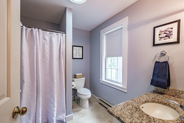 55 Evergreen Ln, Windham, ME 04062 - bathroom with a baseboard radiator, toilet, tile patterned floors, vanity, and baseboards