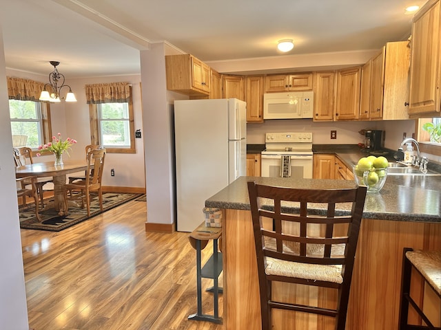 53 Branch Brook Ln, Newfield, ME 04095 - kitchen featuring white appliances, dark countertops, light wood-style floors, a chandelier, and crown molding