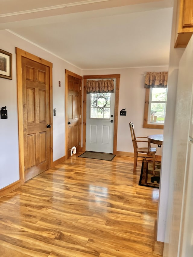 53 Branch Brook Ln, Newfield, ME 04095 - foyer entrance with light wood-style flooring, plenty of natural light, baseboards, and crown molding