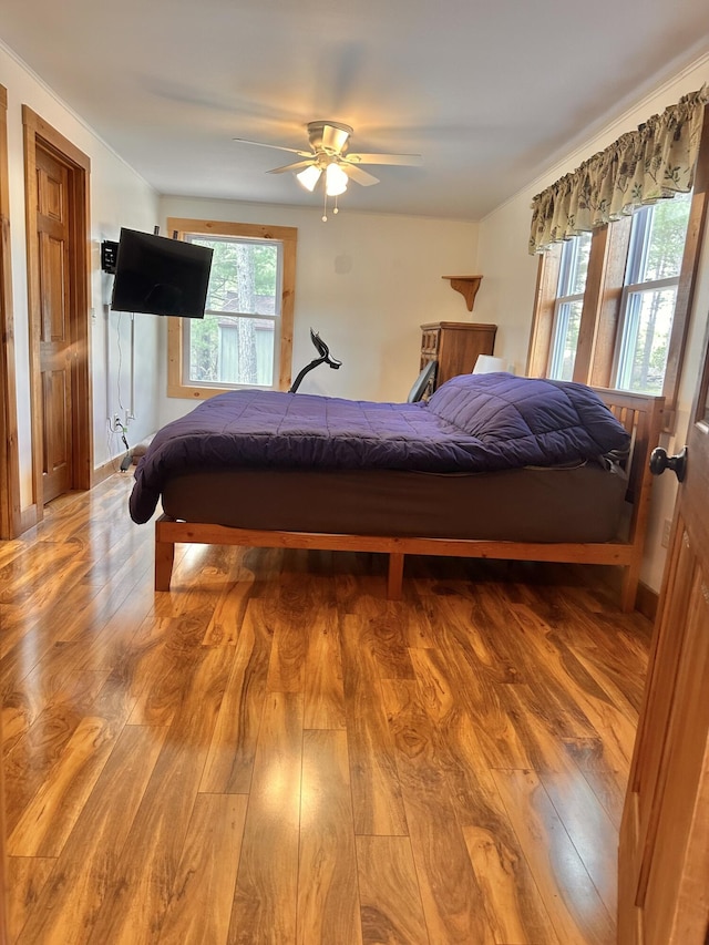 53 Branch Brook Ln, Newfield, ME 04095 - bedroom featuring wood finished floors, baseboards, and ceiling fan