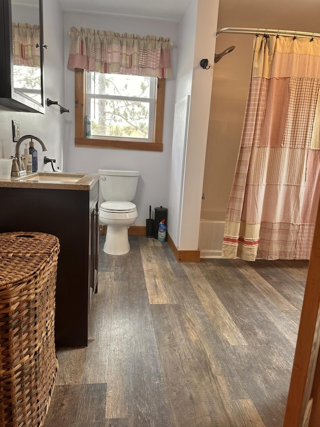 53 Branch Brook Ln, Newfield, ME 04095 - bathroom with wood finished floors, toilet, vanity, a shower with curtain, and baseboards