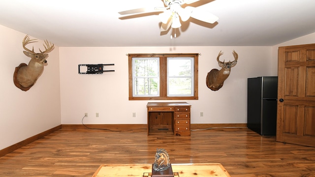 53 Branch Brook Ln, Newfield, ME 04095 - unfurnished living room featuring wood finished floors, ceiling fan, and baseboards