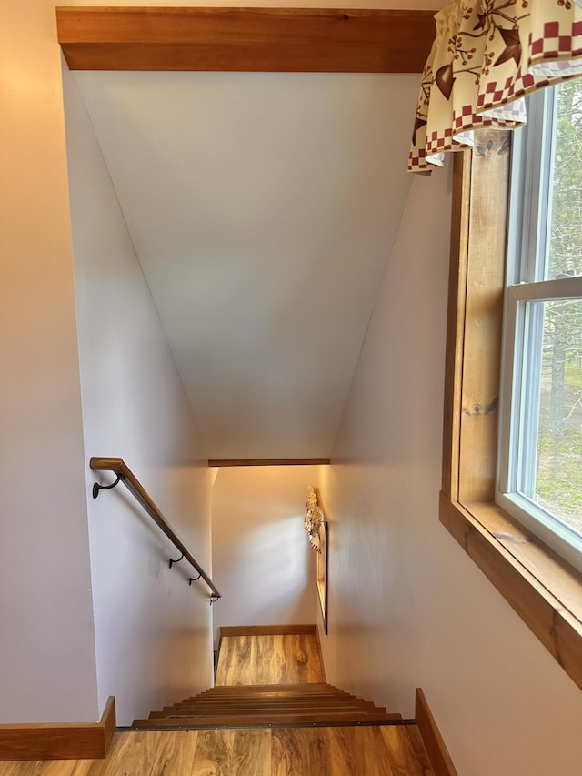 53 Branch Brook Ln, Newfield, ME 04095 - stairway featuring wood finished floors, healthy amount of natural light, baseboards, and vaulted ceiling