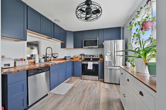 kitchen with appliances with stainless steel finishes, wooden counters, a sink, blue cabinets, and a textured ceiling