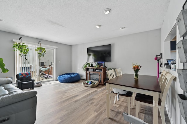 living room with a textured ceiling, wood finished floors, and a baseboard heating unit