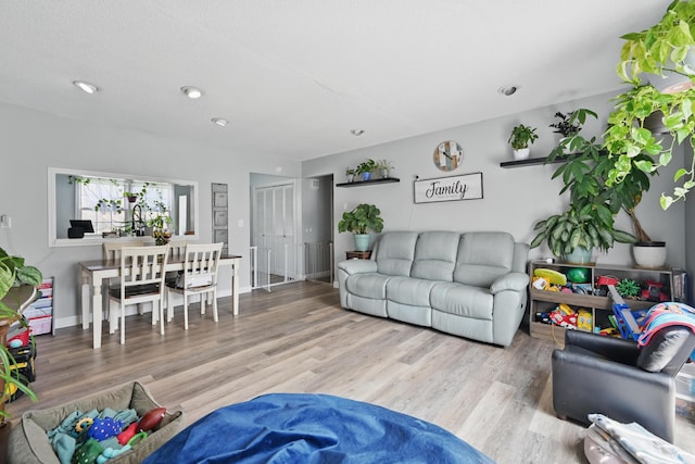 living area featuring wood finished floors and recessed lighting