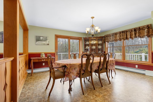 289 W Washington Rd, Washington, ME 04574 - dining area with a baseboard heating unit, a chandelier, and wainscoting