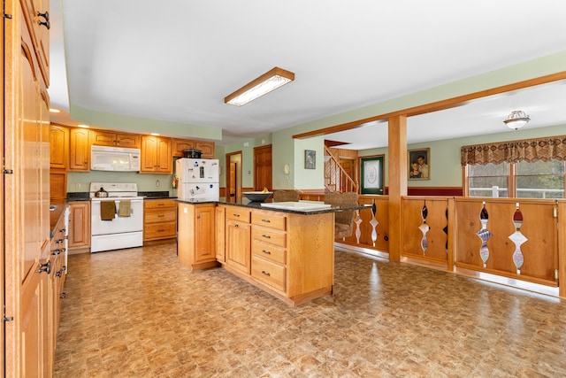 289 W Washington Rd, Washington, ME 04574 - kitchen featuring white appliances, dark countertops, wainscoting, and a kitchen island