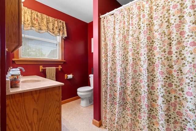 289 W Washington Rd, Washington, ME 04574 - full bath with toilet, baseboards, vanity, a shower with shower curtain, and lofted ceiling