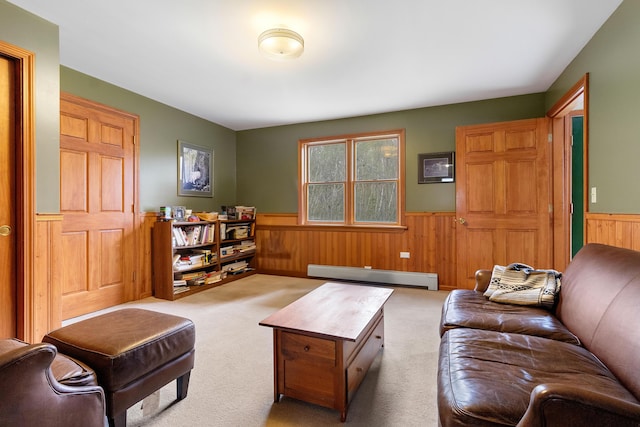 289 W Washington Rd, Washington, ME 04574 - carpeted living area with baseboard heating, wainscoting, and wood walls